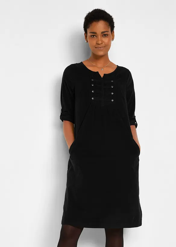 Cord-Blusenkleid aus reiner Baumwolle in schwarz von vorne (Totalaufnahme) - bonprix