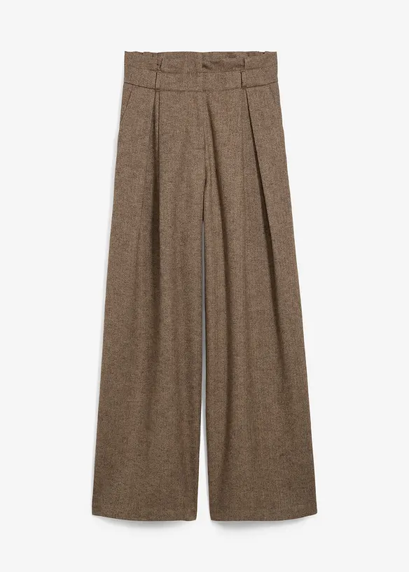 Weite Bundfaltenhose mit weichem Wollanteil in braun von vorne - bonprix