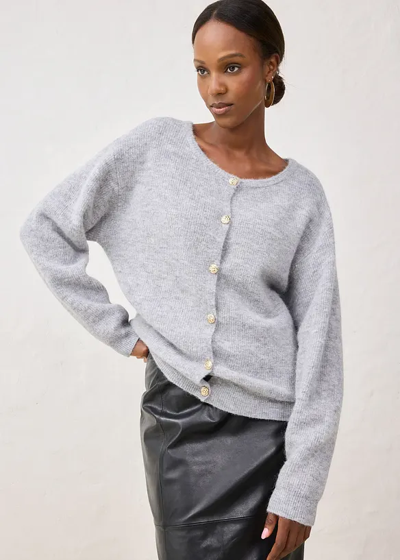 Strickjacke aus weichem Alpaka Woll-Mix in grau von vorne (im Anschnitt) - bonprix Strickjacke aus weichem Alpaka Woll-Mix in grau von vorne (im Anschnitt) - bonprix
