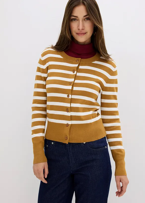 Feinstrick-Cardigan mit Streifen in braun von vorne (im Anschnitt) - bonprix