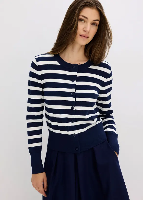 Feinstrick-Cardigan mit Streifen in blau von vorne (im Anschnitt) - bonprix