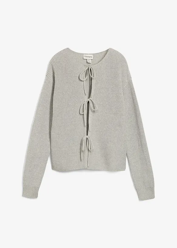 Strickjacke mit Schleifen-Detail in grau von vorne - bonprix