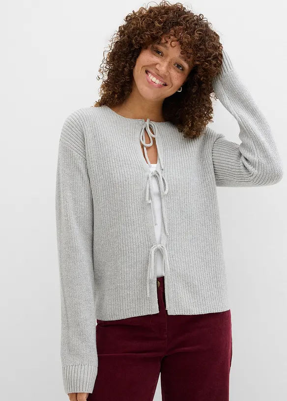 Strickjacke mit Schleifen-Detail in grau von vorne (im Anschnitt) - bonprix