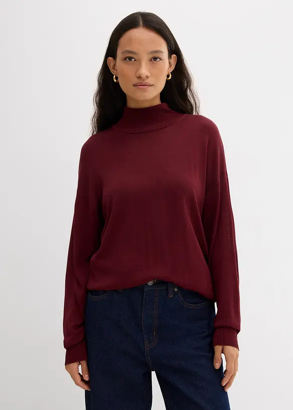 Leichter Feinstrickpullover mit breitem Turtleneck aus Viskose-Mix in rot von vorne (im Anschnitt) - bonprix