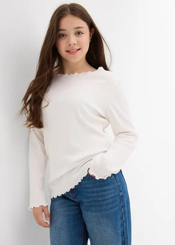 Langarmshirt in Rippstruktur aus reiner Bio-Baumwolle in weiß von vorne (im Anschnitt) - bonprix
