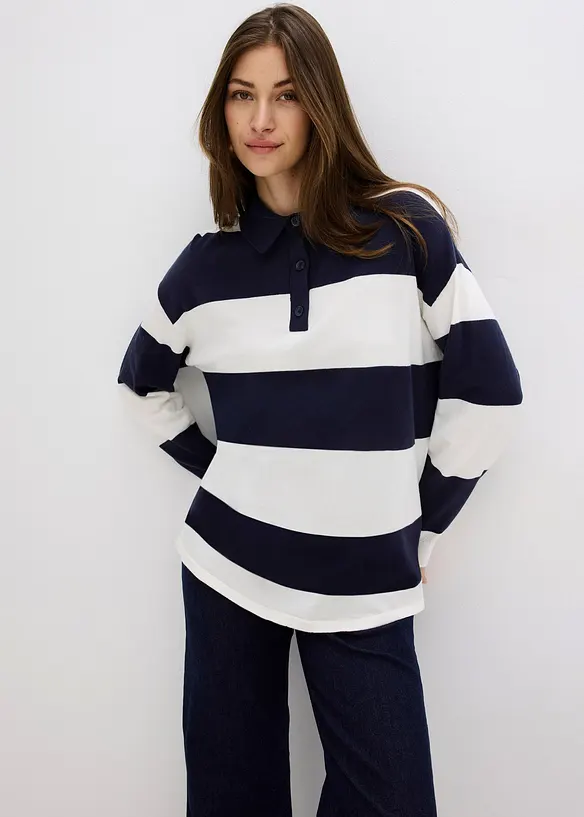 Oversize-Pullover mit Polokragen in blau von vorne (im Anschnitt) - bonprix