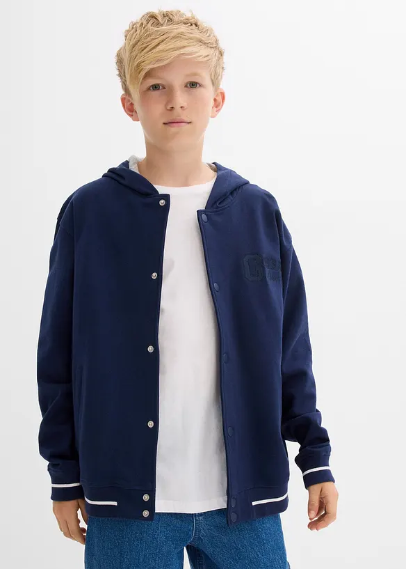 College-Sweatjacke mit Kapuze aus reiner Bio-Baumwolle in blau von vorne (im Anschnitt) - bonprix