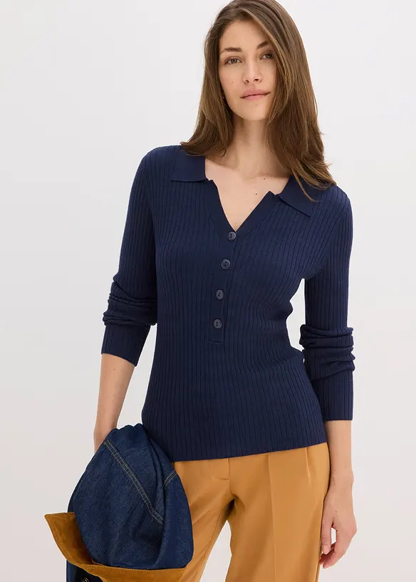 Feinstrickpullover aus softem Viskose-Mix in blau von vorne (im Anschnitt) - bonprix