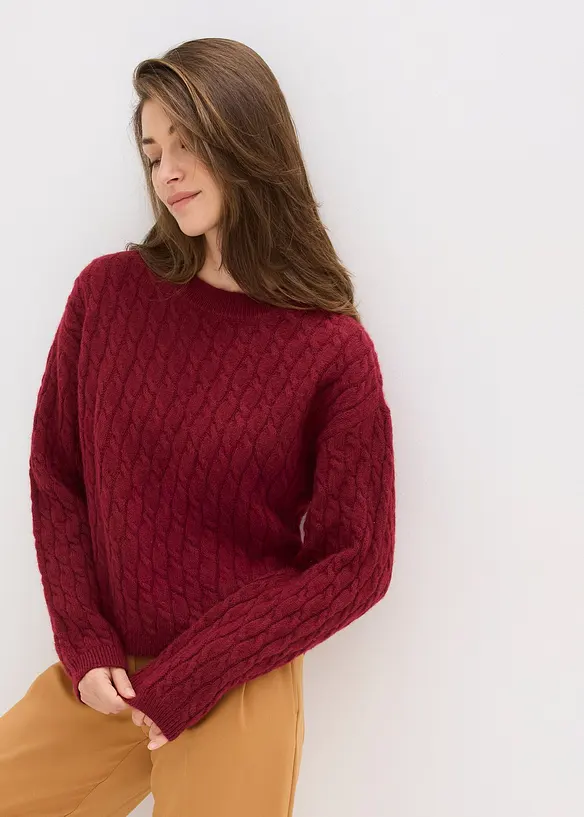 Pullover mit Zopfmuster in rot von vorne (im Anschnitt) - bonprix