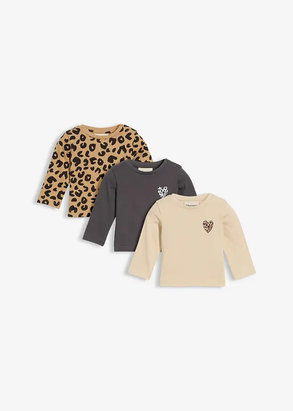 Baby Langarmshirts aus reiner Bio-Baumwolle (3er Pack) in beige von vorne - bonprix