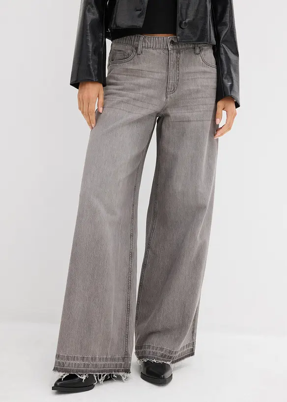 Wide-Leg-Jeans Mid Waist, Bequembund in grau von vorne - bonprix
