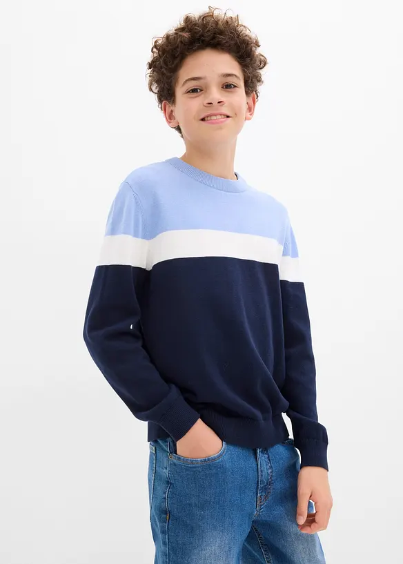 Feinstrickpullover aus reiner Baumwolle in blau von vorne (im Anschnitt) - bonprix