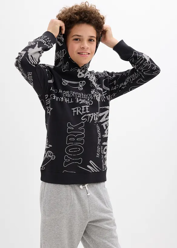 Hoodie aus weichem Baumwoll-Mix in schwarz von vorne (im Anschnitt) - bonprix