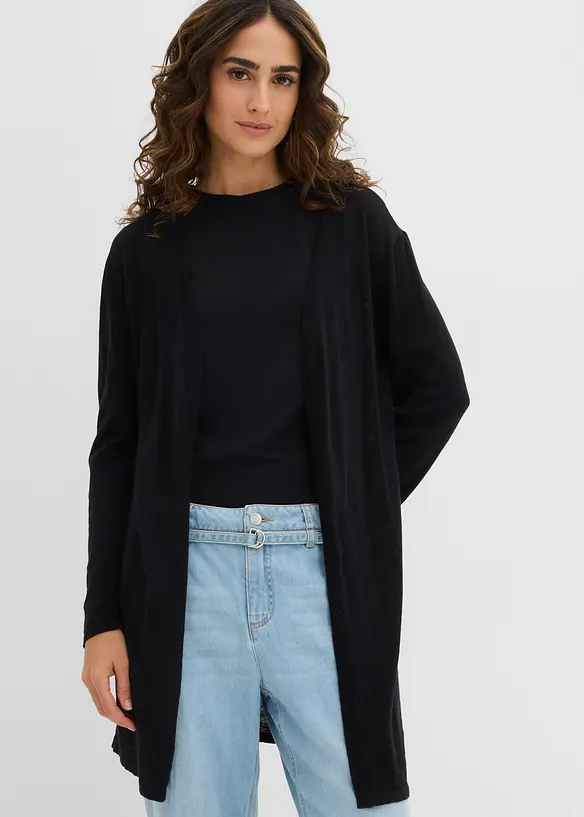 Longstrickjacke, offen in schwarz von vorne (im Anschnitt) - bonprix
