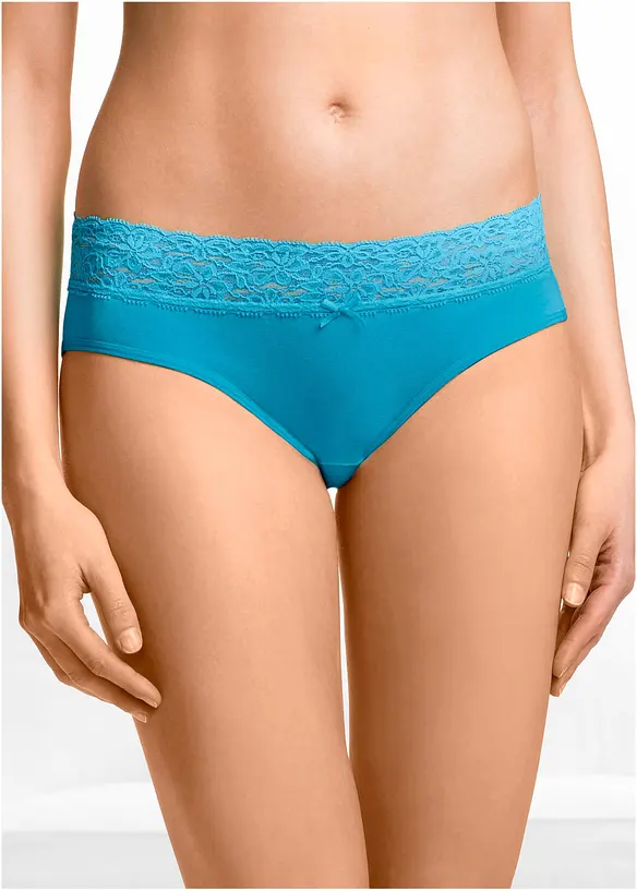 Slip mit weicher Baumwolle und Spitze (5er Pack) in blau von vorne - bonprix