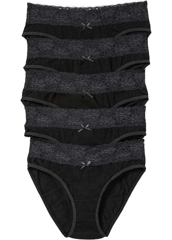 Slip mit weicher Baumwolle und Spitze (5er Pack) in schwarz von vorne - bonprix