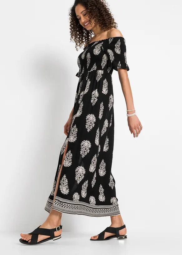 Carmen-Kleid aus fließender Viskose in schwarz von vorne (Totalaufnahme) - bonprix