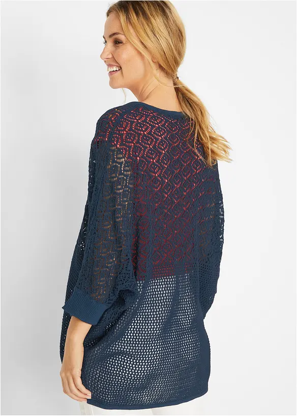 Longstrickjacke mit Lochmuster in blau von hinten (im Anschnitt) - bonprix