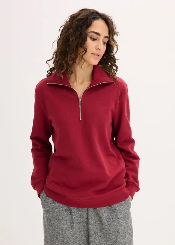 Oversize-Sweatshirt mit Reißverschluss in rot von vorne (im Anschnitt) - bonprix