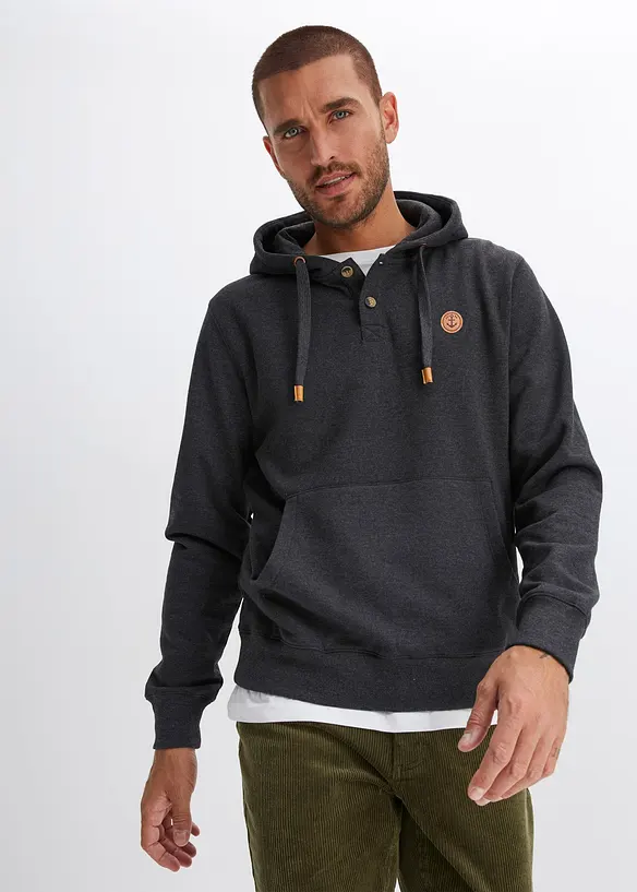 Hoodie mit Lederimitat-Details in schwarz von vorne (im Anschnitt) - bonprix