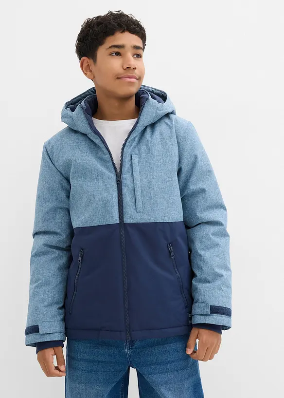 wattierte Winterjacke im Colourblocking mit Kapuze in blau von vorne (im Anschnitt) - bonprix