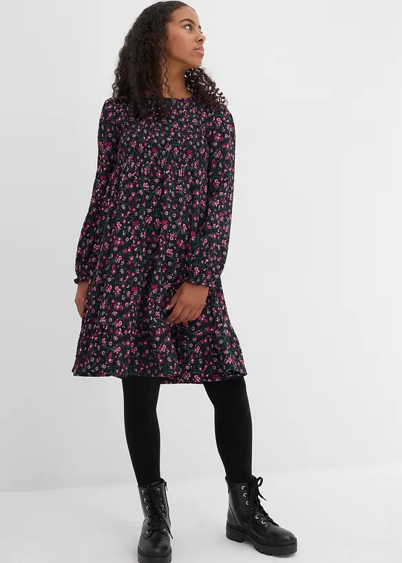 Jerseykleid aus strukturiertem Crinkle in schwarz von vorne (Totalaufnahme) - bonprix