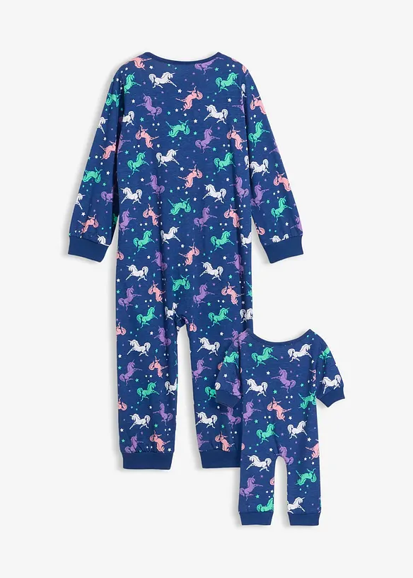 Schlafoverall aus reiner Bio-Baumwolle mit Puppenoverall (2-tlg. Set) in blau von hinten - bonprix