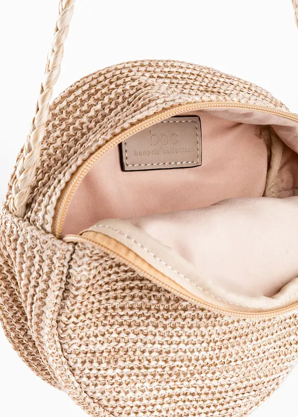 Runde Umhängetasche in Strohoptik in beige geöffnet - bonprix