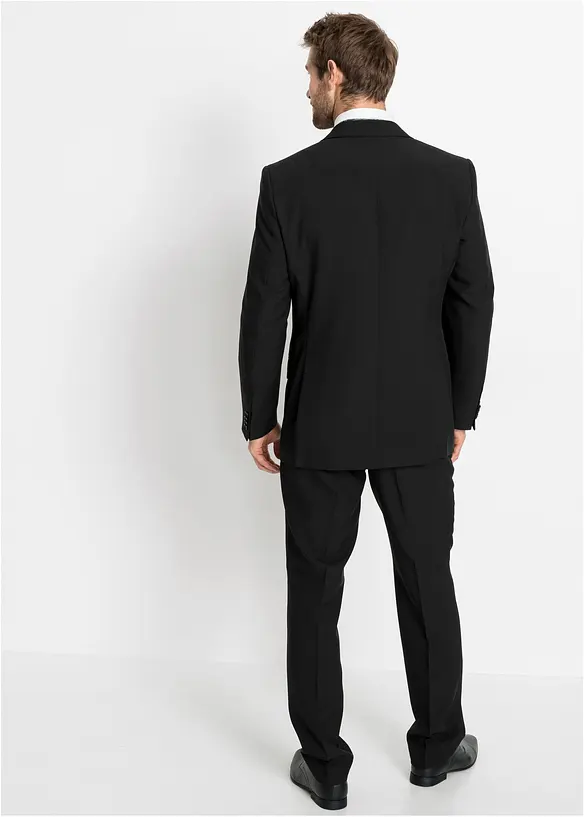 Anzug mit Weste, Krawatte und Einstecktuch (5tlg. Set) in schwarz von hinten (Totalaufnahme) - bonprix