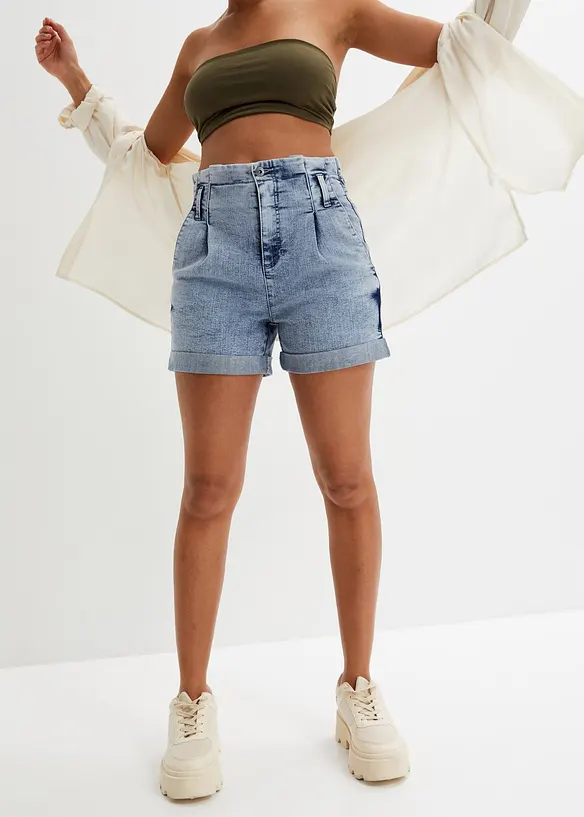 Paperbag Jeans-Shorts in blau von vorne - bonprix