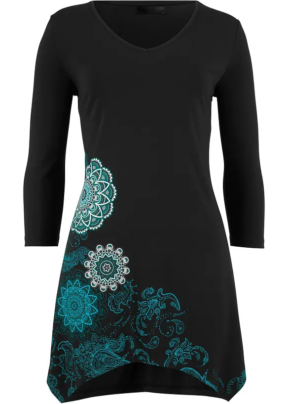 Zipfel-Longshirt mit V-Ausschnitt, 3/4-Arm in schwarz - bonprix