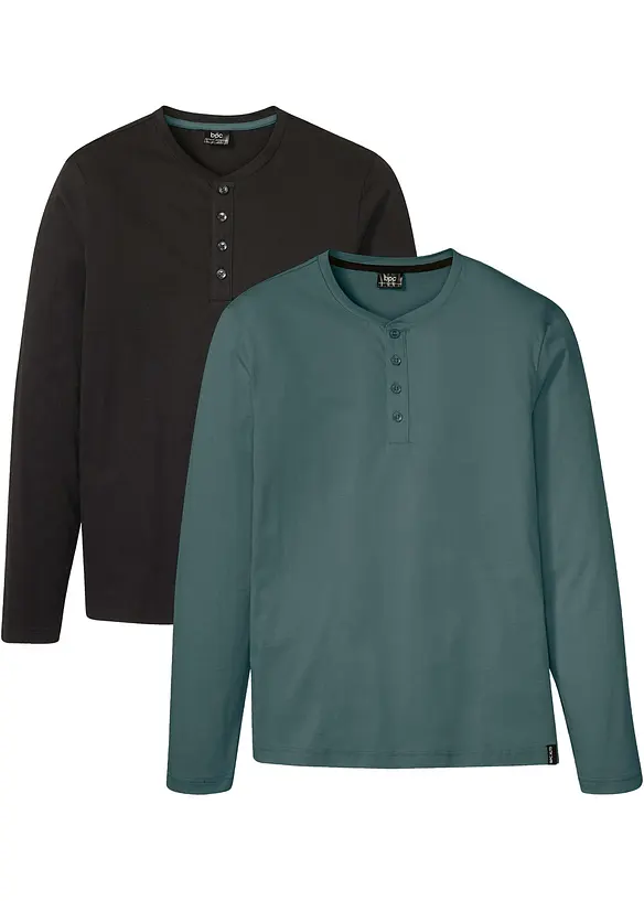 Henleyshirt aus reiner Baumwolle (2er Pack) in schwarz von vorne - bonprix