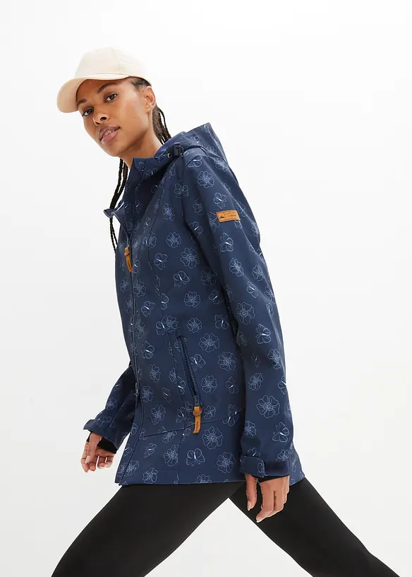 Wasserabweisende Softshelljacke mit Blumenmuster in blau von vorne (im Anschnitt) - bonprix