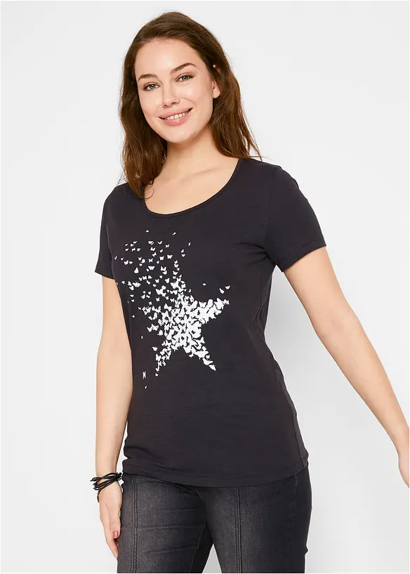Flammgarn-Shirt aus Bio-Baumwolle, kurzarm in schwarz von vorne (im Anschnitt) - bonprix