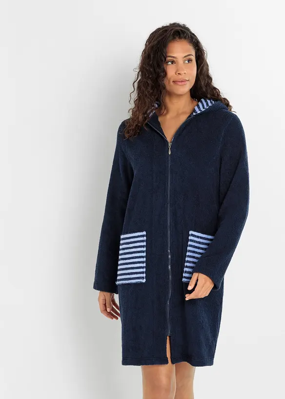 Frottee Bademantel aus Bio-Baumwolle mit Reißverschluss in blau von vorne (Totalaufnahme) - bonprix