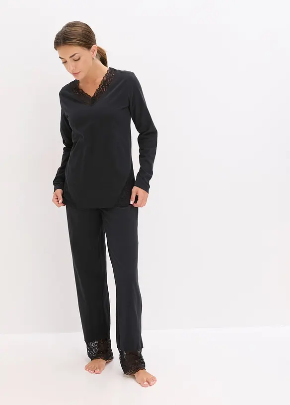 Pyjama aus weicher Baumwolle in schwarz von vorne (Totalaufnahme) - bonprix