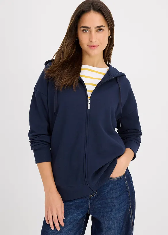 Long-Sweatjacke in blau von vorne (im Anschnitt) - bonprix