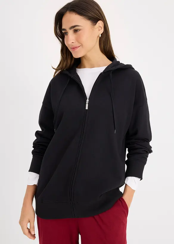 Long-Sweatjacke in schwarz von vorne (im Anschnitt) - bonprix Long-Sweatjacke in schwarz von vorne (im Anschnitt) - bonprix