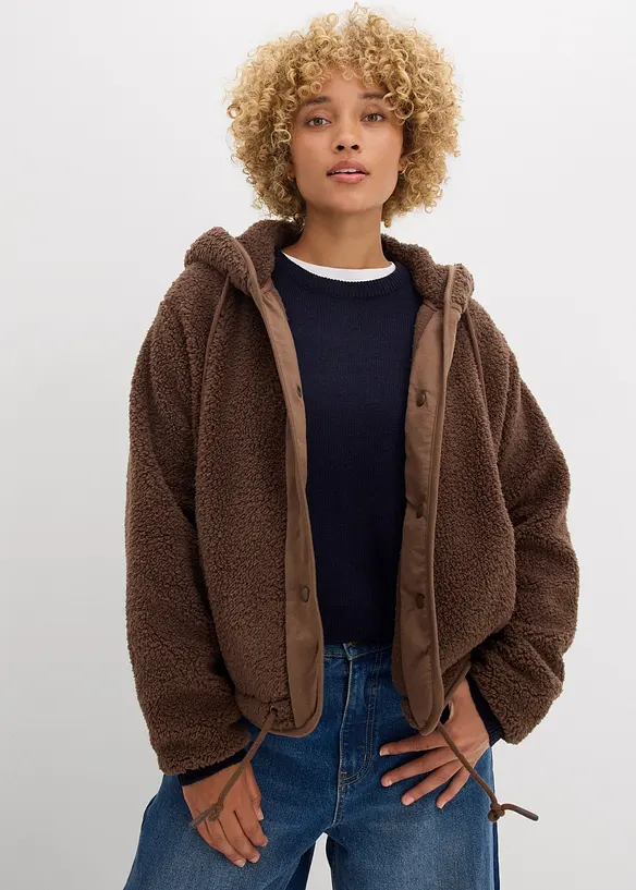 Teddy-Fleece-Jacke in braun von vorne (im Anschnitt) - bonprix