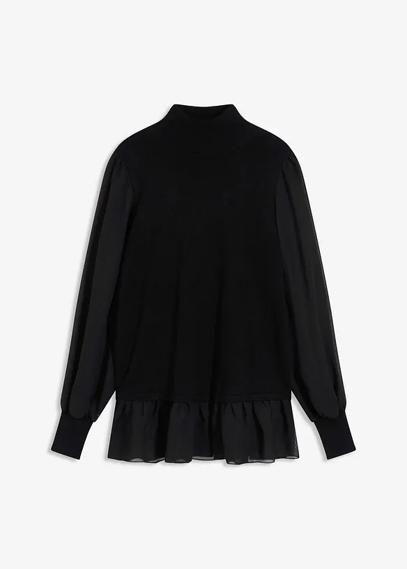Feinstrickpullover mit Blusen-Einsatz in schwarz von vorne - bonprix
