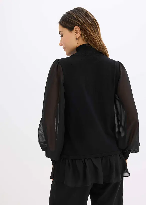 Feinstrickpullover mit Blusen-Einsatz in schwarz von hinten (im Anschnitt) - bonprix