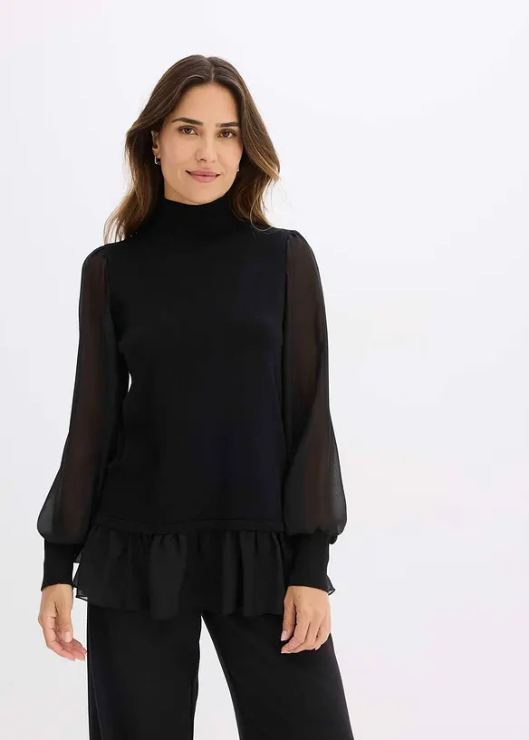 Feinstrickpullover mit Blusen-Einsatz in schwarz von vorne (im Anschnitt) - bonprix