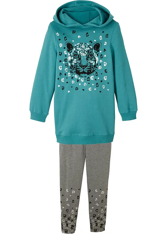 Sweatshirt und Leggings aus Bio-Baumwoll-Mix (2-tlg.Set) in petrol von vorne - bonprix
