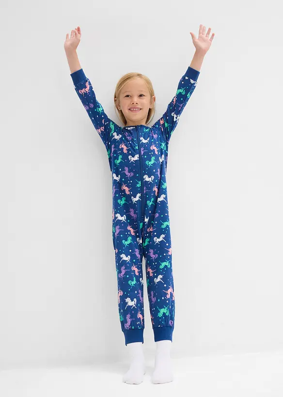 Schlafoverall aus reiner Bio-Baumwolle mit Puppenoverall (2-tlg. Set) in blau von vorne (Totalaufnahme) - bonprix