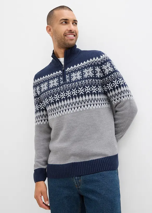 Norweger-Pullover mit Troyerkragen in grau von vorne (im Anschnitt) - bonprix