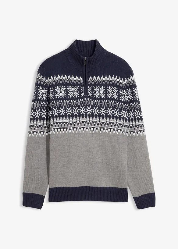 Norweger-Pullover mit Troyerkragen in grau von vorne - bonprix