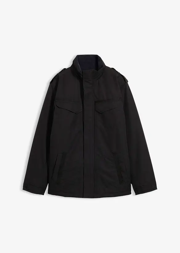 Wasserdichte Funktionsjacke mit Roll-in-Kapuze und Schulterklappen in schwarz von vorne - bonprix