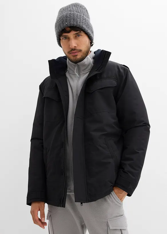 Wasserdichte Funktionsjacke mit Roll-in-Kapuze und Schulterklappen in schwarz von vorne (im Anschnitt) - bonprix