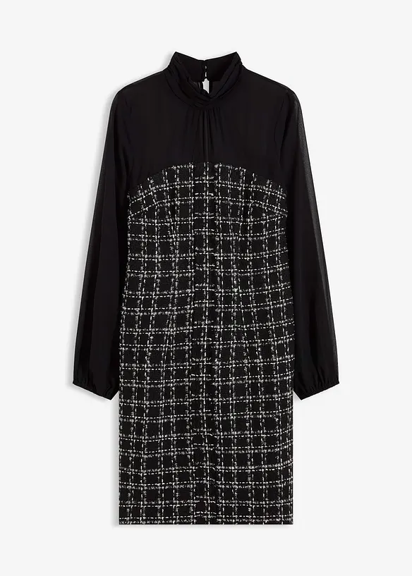 Minikleid aus Bouclé mit Chiffon Ärmeln in schwarz von vorne - bonprix
