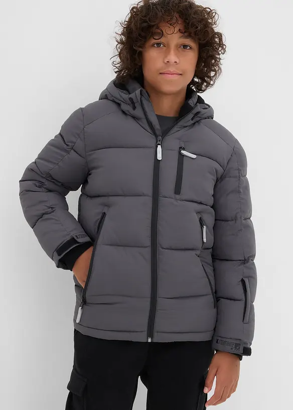 warm gefütterte Winter-Steppjacke mit Kapuze in grau von vorne (im Anschnitt) - bonprix